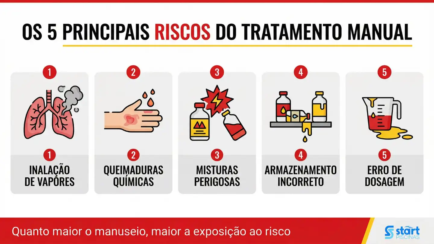 Infográfico com os principais riscos do tratamento manual de piscinas