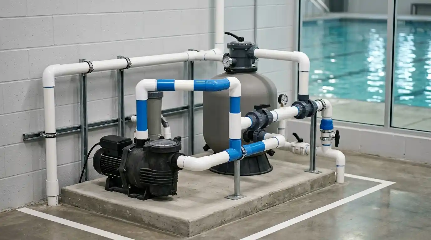 Casa de máquinas de piscina organizada com bomba instalada, tubulação em PVC e filtro ao lado