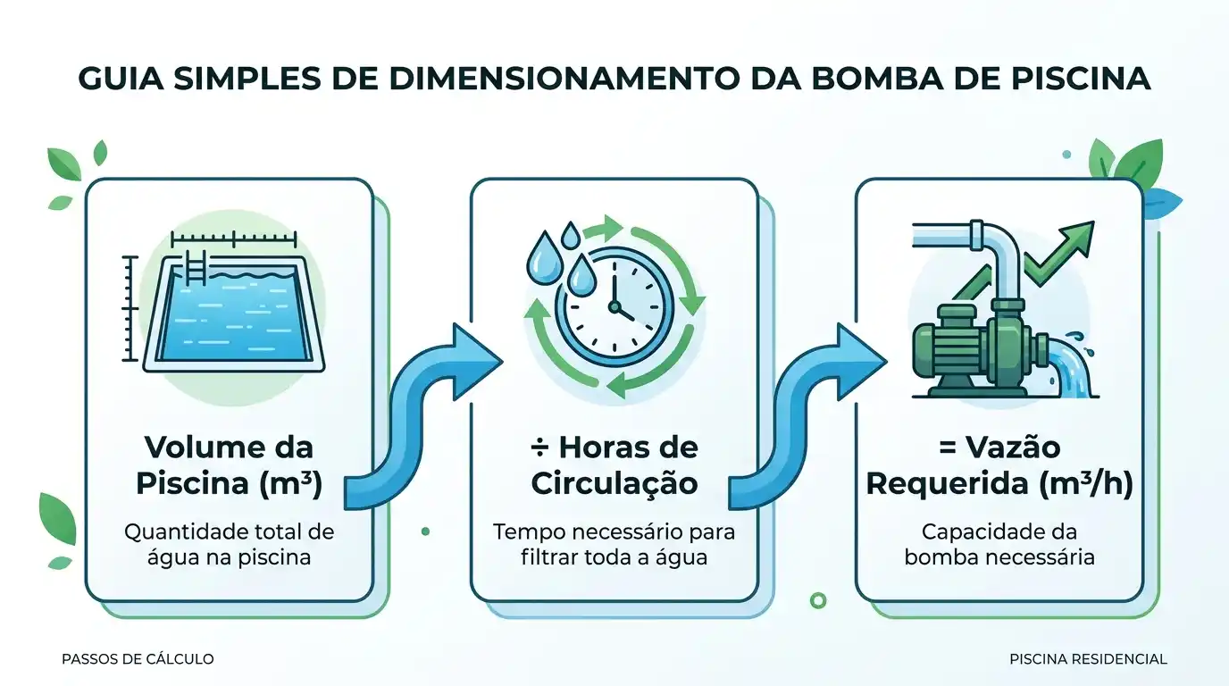 Infográfico explicando o cálculo de dimensionamento de bomba de piscina com a fórmula de vazão