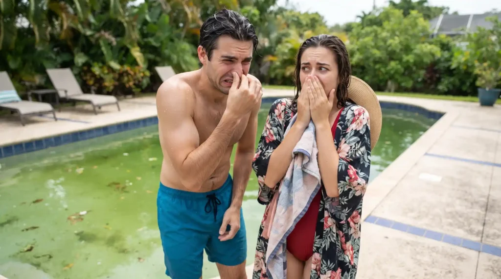 Casal Tampando Nariz Cheiro Ruim Na Piscina | Start Piscinas - Limpeza e Manutenção de Piscinas em São Paulo