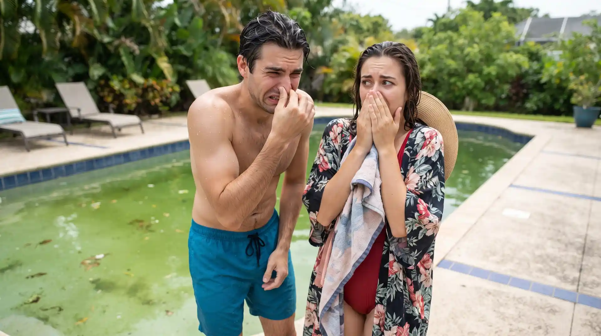 Casal Tampando Nariz Cheiro Ruim Na Piscina | Start Piscinas - Limpeza e Manutenção de Piscinas em São Paulo