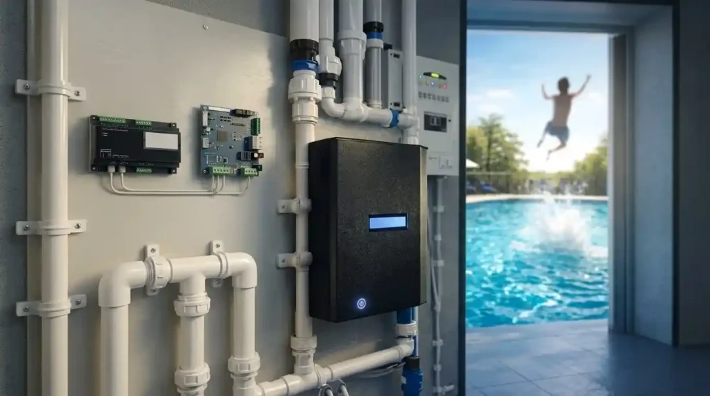 Gerador De Sal A Base De Agua Na Sala De Maquinas Da Piscina | Start Piscinas - Limpeza e Manutenção de Piscinas em São Paulo