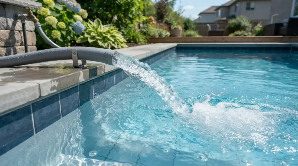Mangueira Grossa Despejando Agua Limpa E Tratada Na Piscina | Start Piscinas - Limpeza e Manutenção de Piscinas em São Paulo