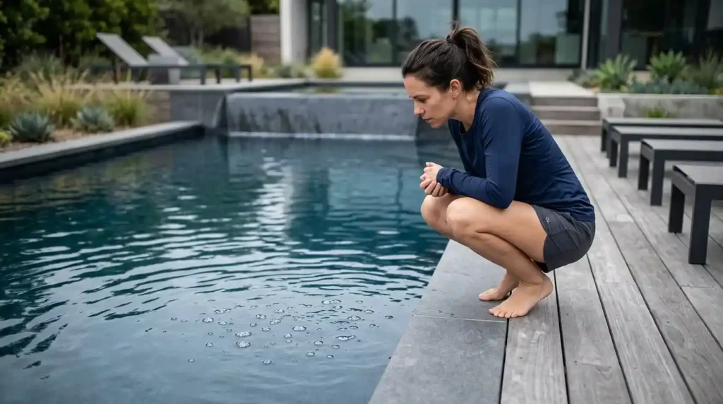 Mulher Na Beira Da Piscina Olhando Bolhas Na Superficie | Start Piscinas - Limpeza e Manutenção de Piscinas em São Paulo