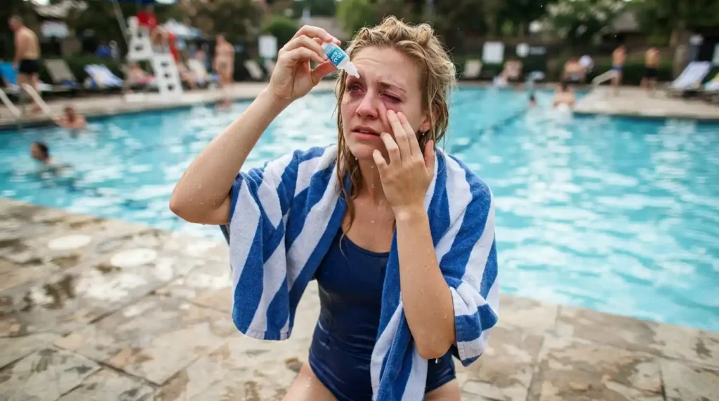 Mulher Pingando Colirio Nos Olhos Irritados Com A Piscina | Start Piscinas - Limpeza e Manutenção de Piscinas em São Paulo