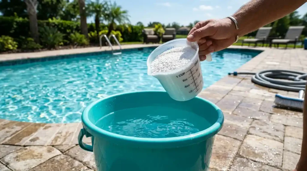 Supercloracao Cloro Diluindo Em Balde Antes Da Aplicacao | Start Piscinas - Limpeza e Manutenção de Piscinas em São Paulo