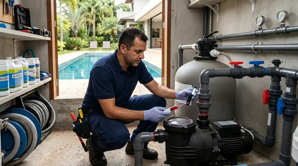 Tecnico De Piscina Na Sala De Maquinas Testando Equipamentos | Start Piscinas - Limpeza e Manutenção de Piscinas em São Paulo