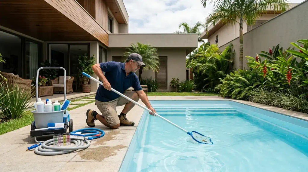 Tecnico De Piscinas Limpando Piscina De Fibra | Start Piscinas - Limpeza e Manutenção de Piscinas em São Paulo