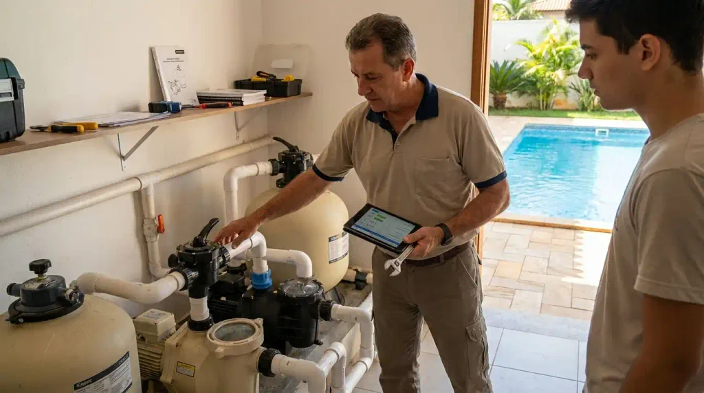Tecnico De Manutencao Na Sala De Maquinas Com Cliente | Start Piscinas - Limpeza e Manutenção de Piscinas em São Paulo