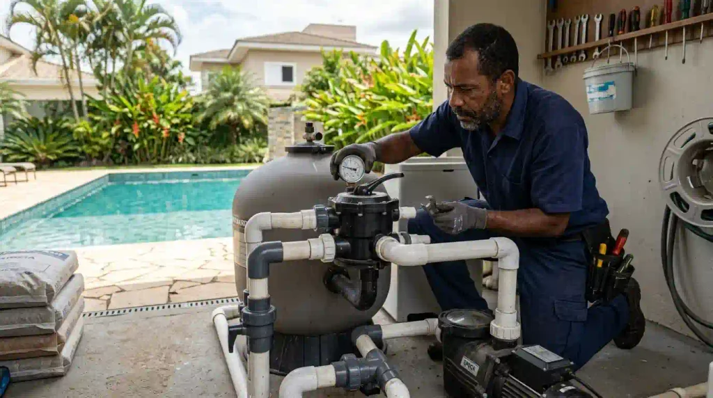 Tecnico Inspecionando Motor | Start Piscinas - Limpeza e Manutenção de Piscinas em São Paulo