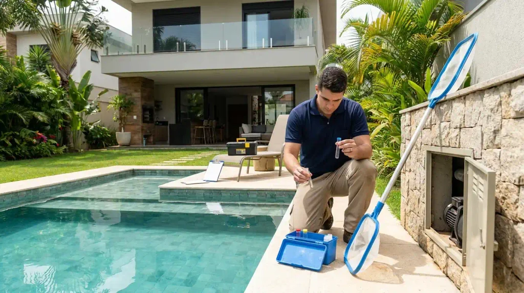 Tecnico Inspecionando Ph Da Piscina De Cliente Residencial | Start Piscinas - Limpeza e Manutenção de Piscinas em São Paulo