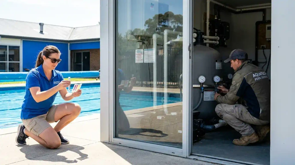 Tecnicos De Piscina Verificando A Agua E O Motor | Start Piscinas - Limpeza e Manutenção de Piscinas em São Paulo