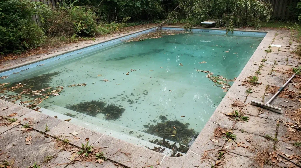 Piscina Parada Com Folhas E Agua Turva | Start Piscinas - Limpeza e Manutenção de Piscinas em São Paulo