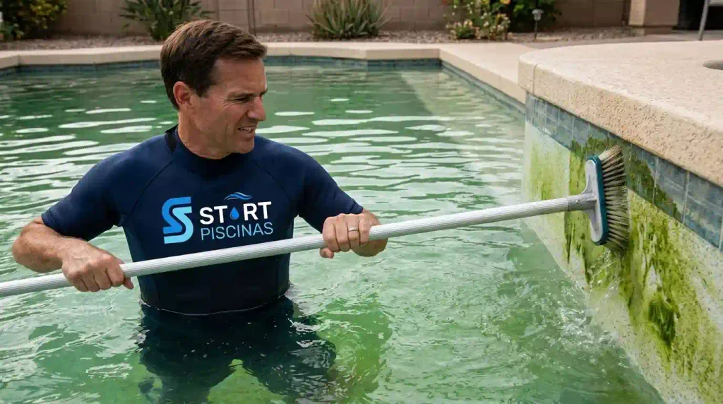 Tecnico Escovando Paredes Da Piscina | Start Piscinas - Limpeza e Manutenção de Piscinas em São Paulo